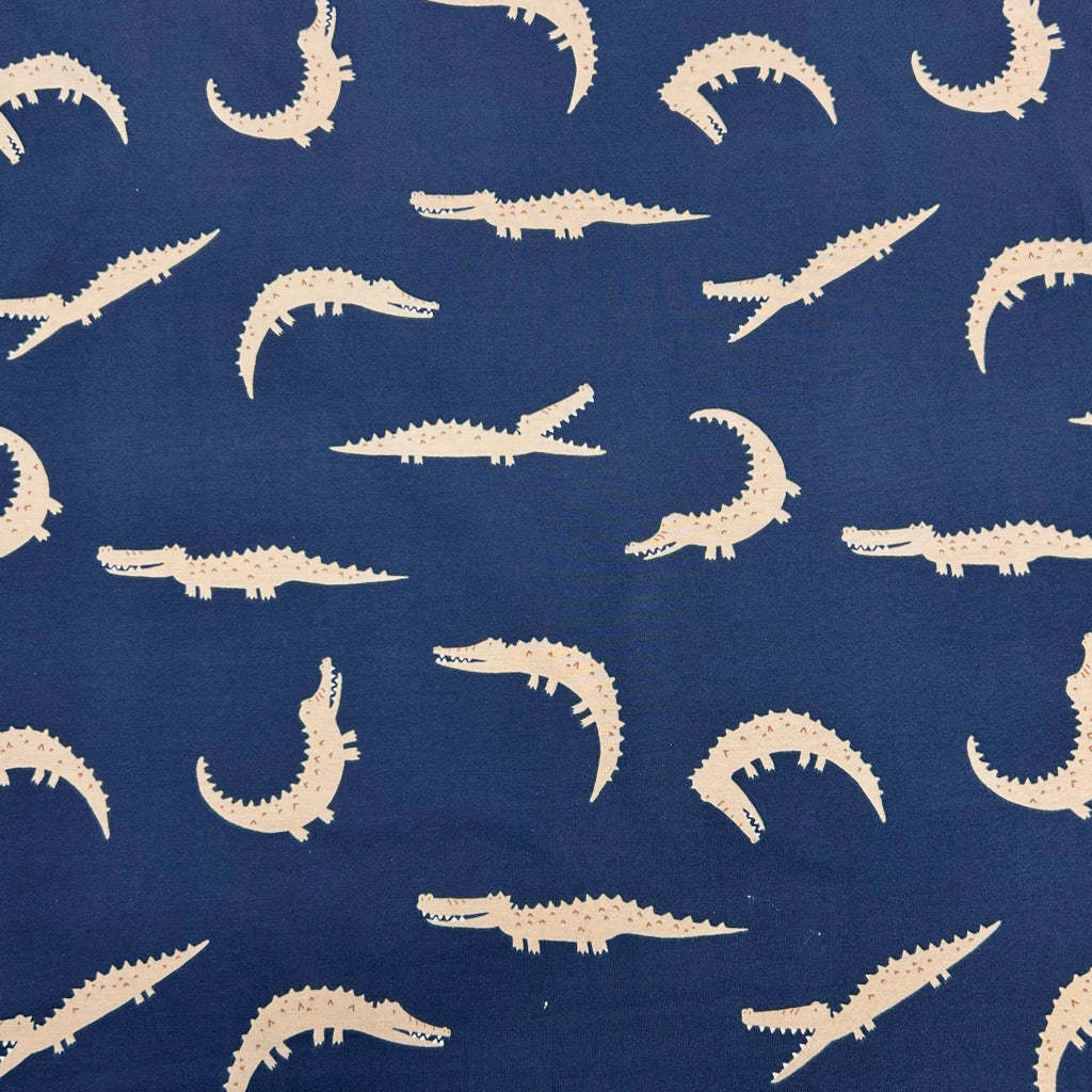Crocodiles on Navy Cotton Jersey Fabric