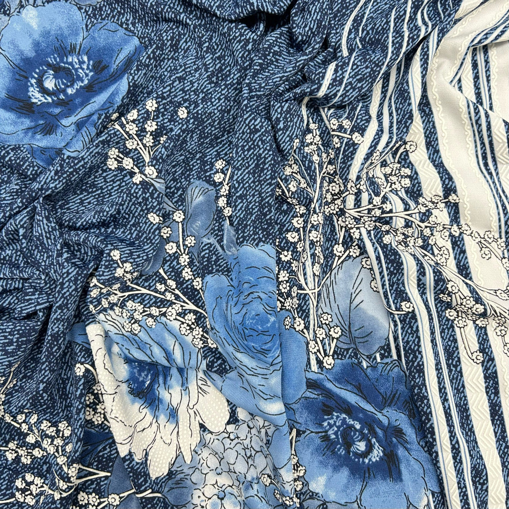 Flowers on Blue Jersey Fabric - Pound Fabrics