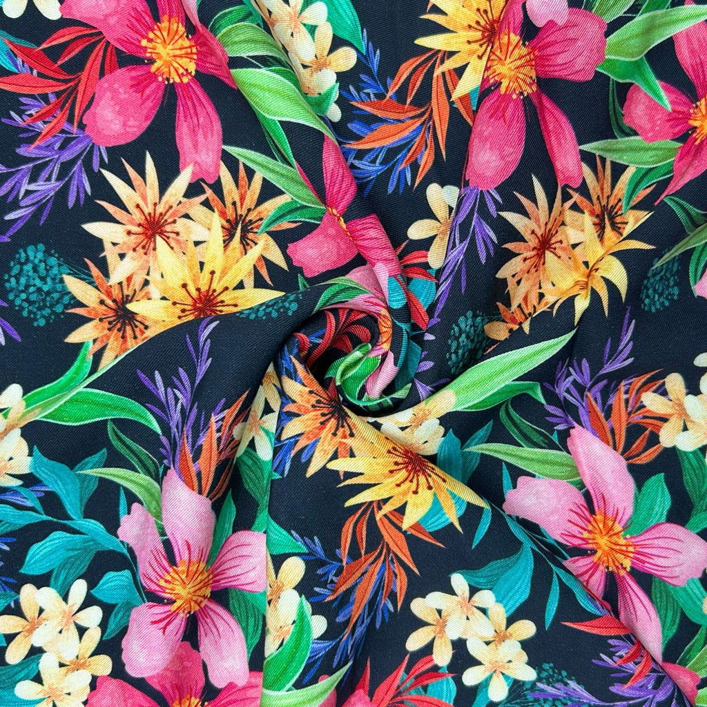 Vibrant Flowers on Black Viscose Twill Fabric