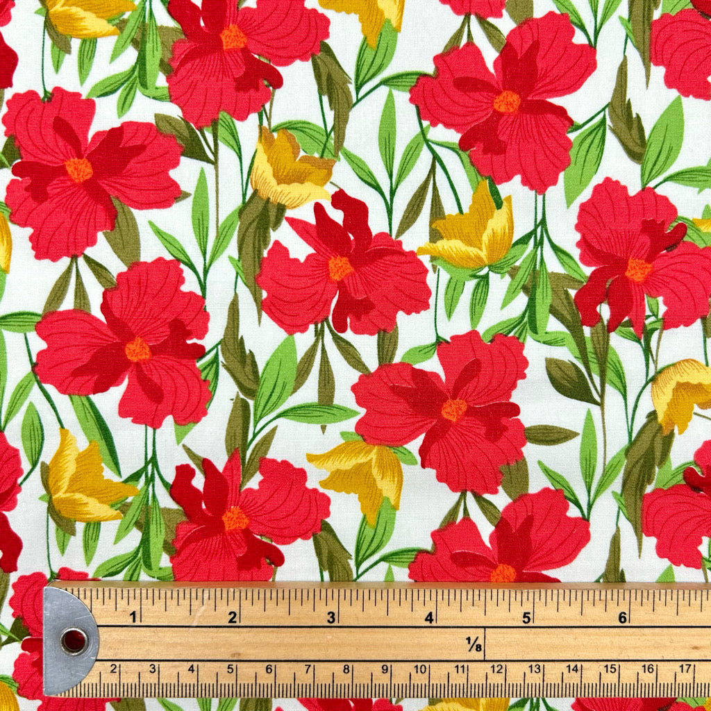 Red and Yellow Floral Rose & Hubble Cotton Poplin Fabric