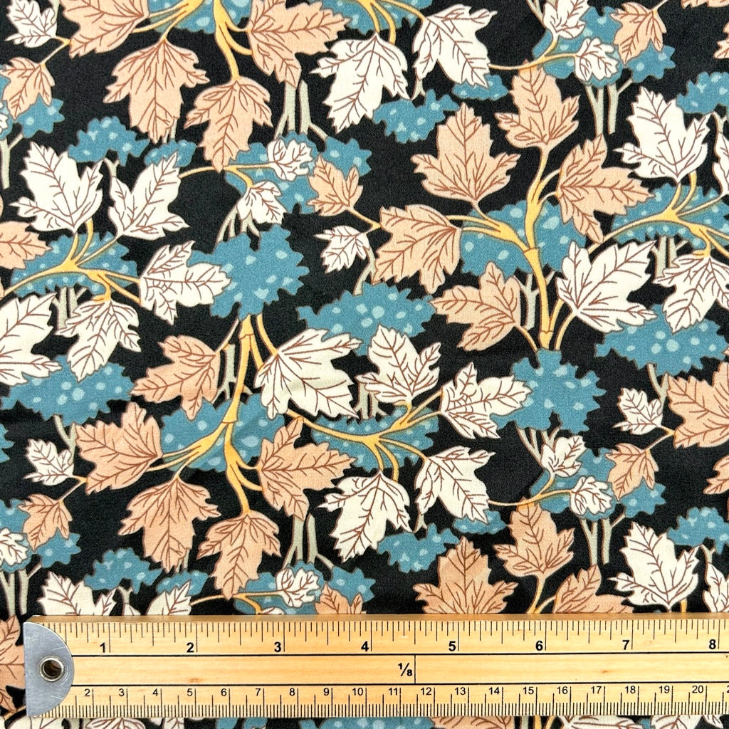 Autumn Leaves on Black Satin Fabric