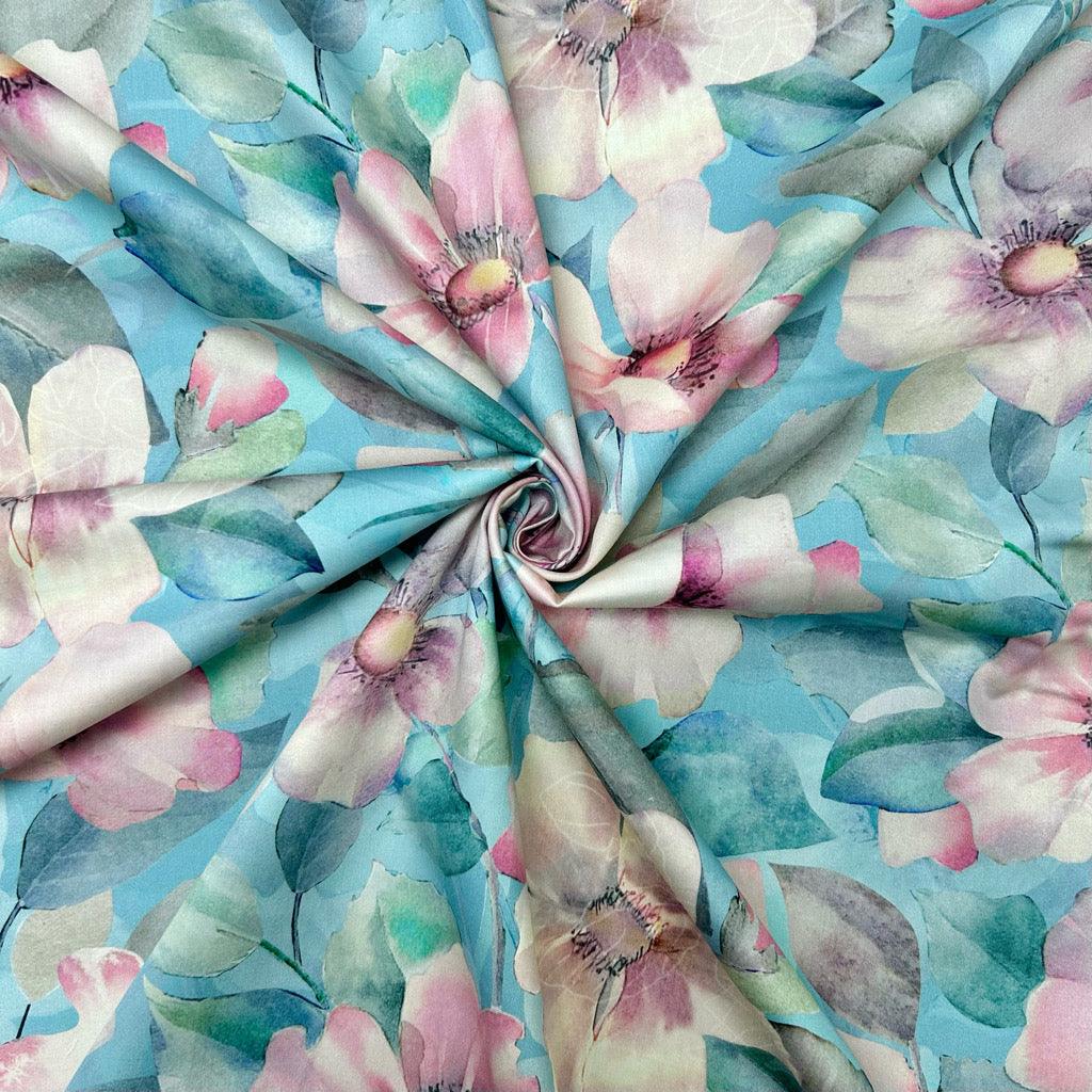 Pink Flowers Cotton Sateen Fabric - Pound Fabrics