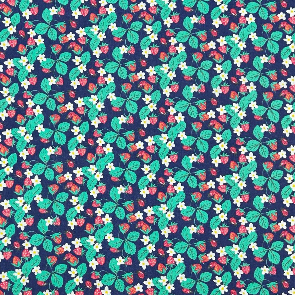 Strawberries and Daisies on Navy Polycotton Fabric - Pound Fabrics