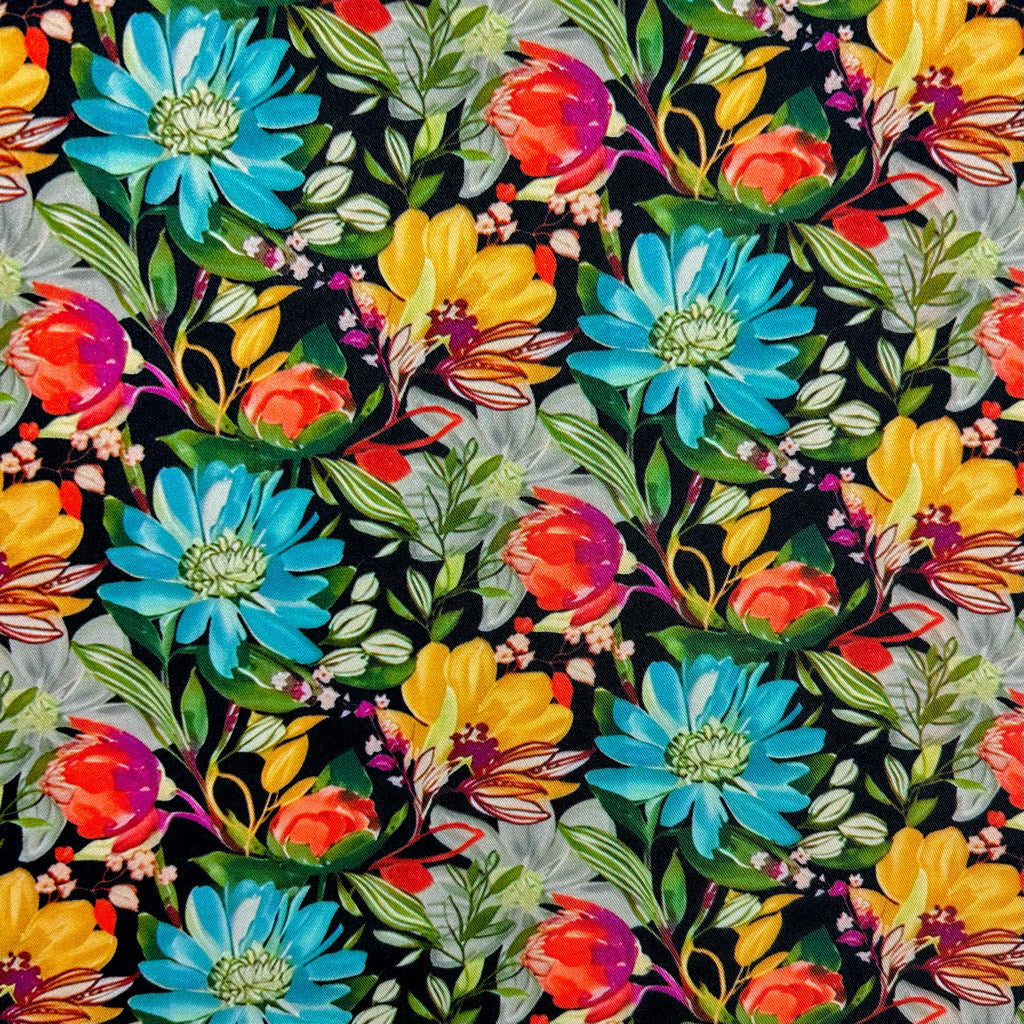 Botanical Garden on Black Viscose Twill Fabric