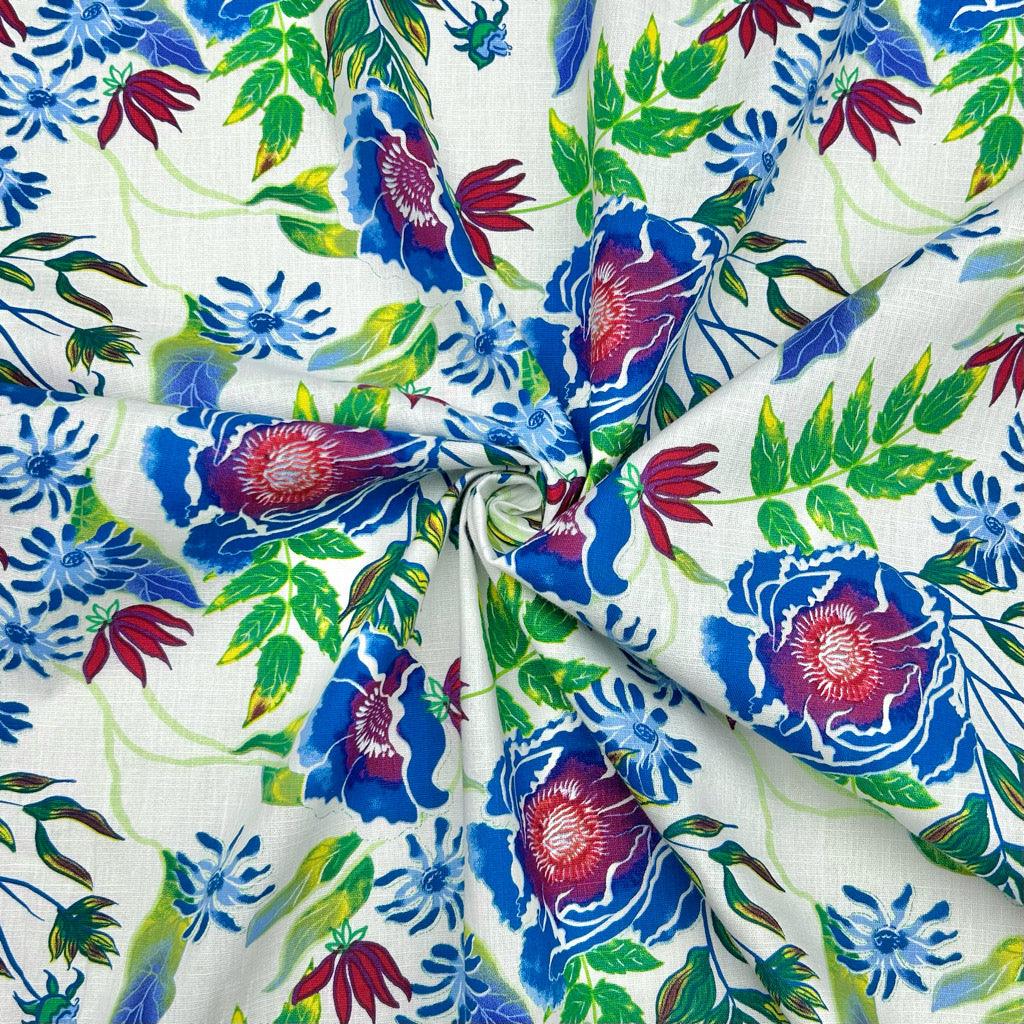 Bright Meadow on White Cotton Linen Fabric - Pound Fabrics