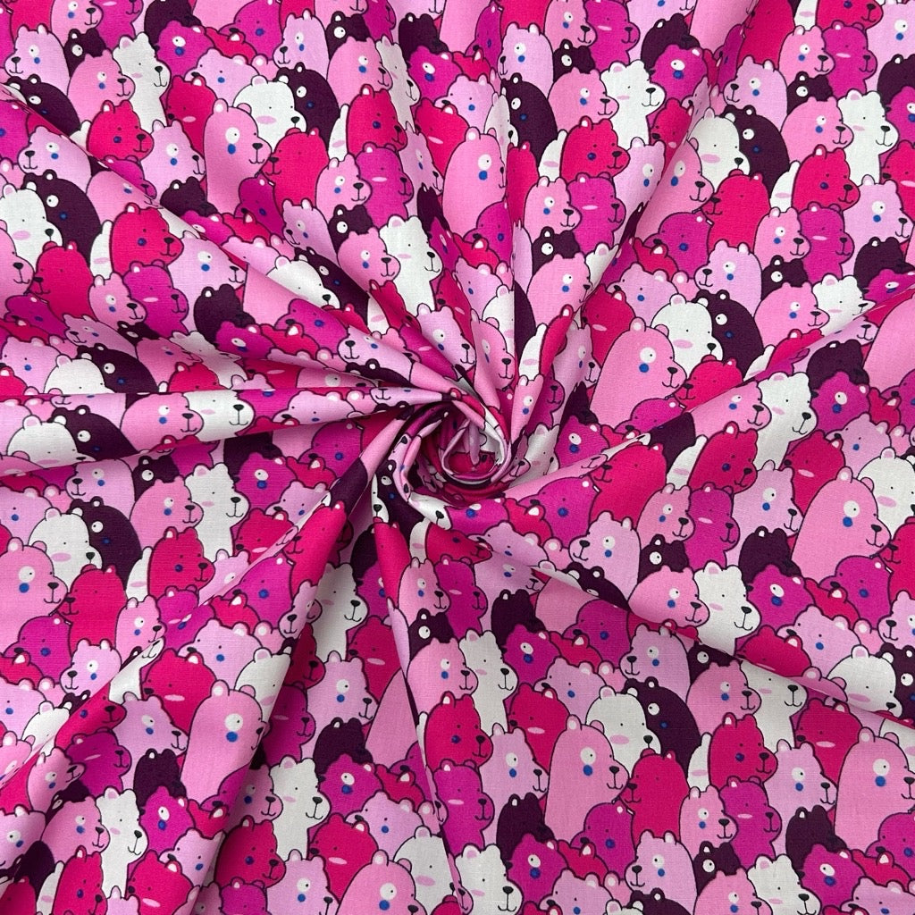 Pink Cartoon Bears Rose &amp; Hubble Cotton Poplin Fabric