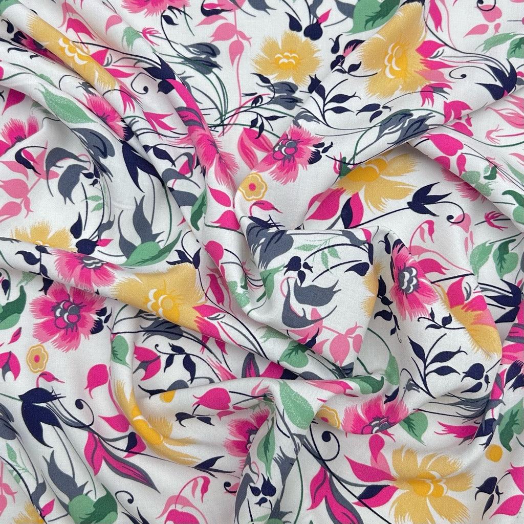 Pink and Yellow Floral on White Viscose Challis Fabric - Pound Fabrics