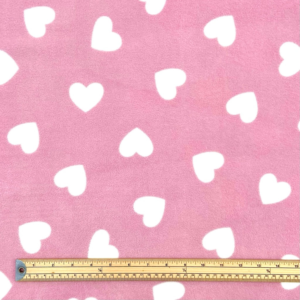 White Hearts on Pink Anti Pill Polar Fleece Fabric