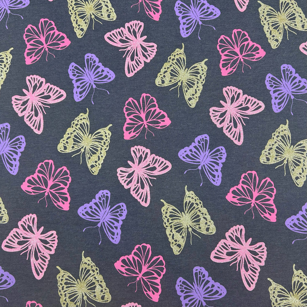 Glitter Butterflies Melange Cotton Jersey Fabric