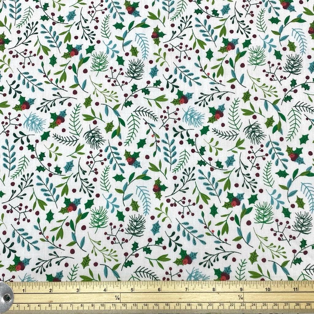 Mistletoe on White Polycotton Fabric - Pound Fabrics