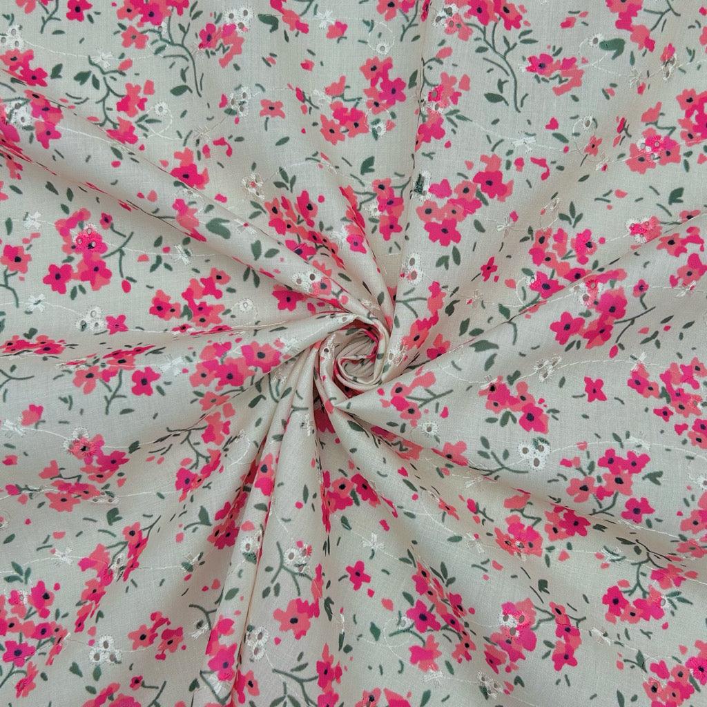 Simple Flowers Broderie Anglaise Polycotton Fabric - Pound Fabrics