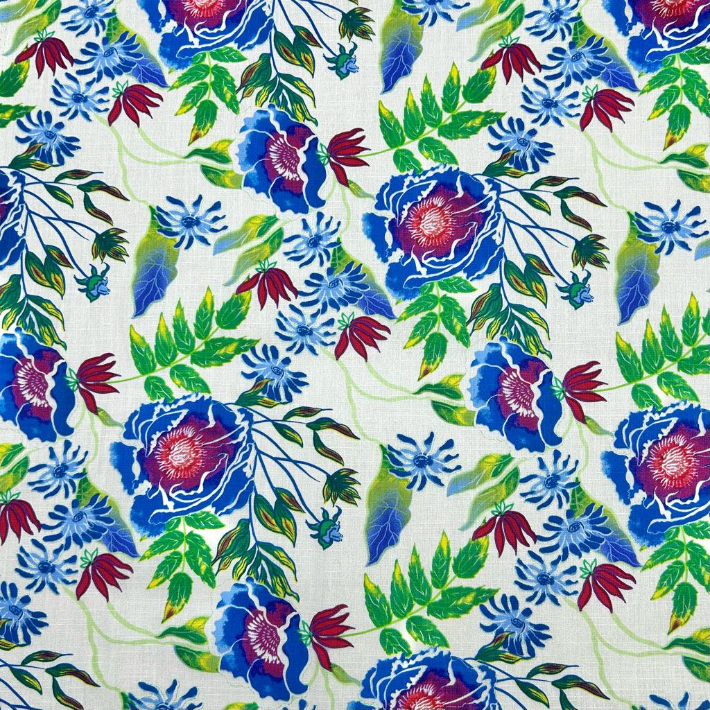 Bright Meadow on White Cotton Linen Fabric - Pound Fabrics