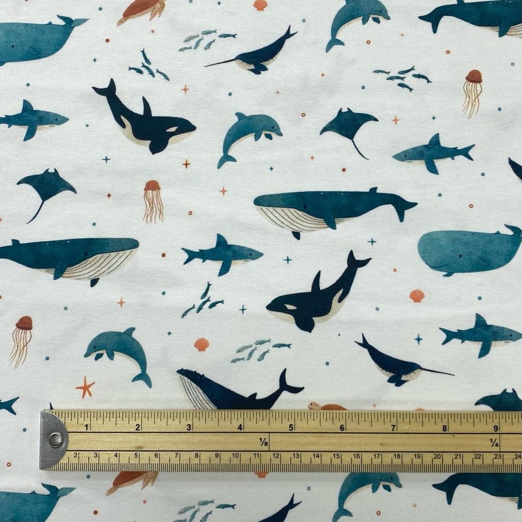 Sea Animals on White Cotton Jersey Fabric - Pound Fabrics