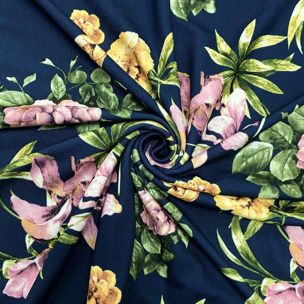 Yellow and Purple Floral on Navy Soft Knit Fabric - 2m Pre-cut - Pound Fabrics