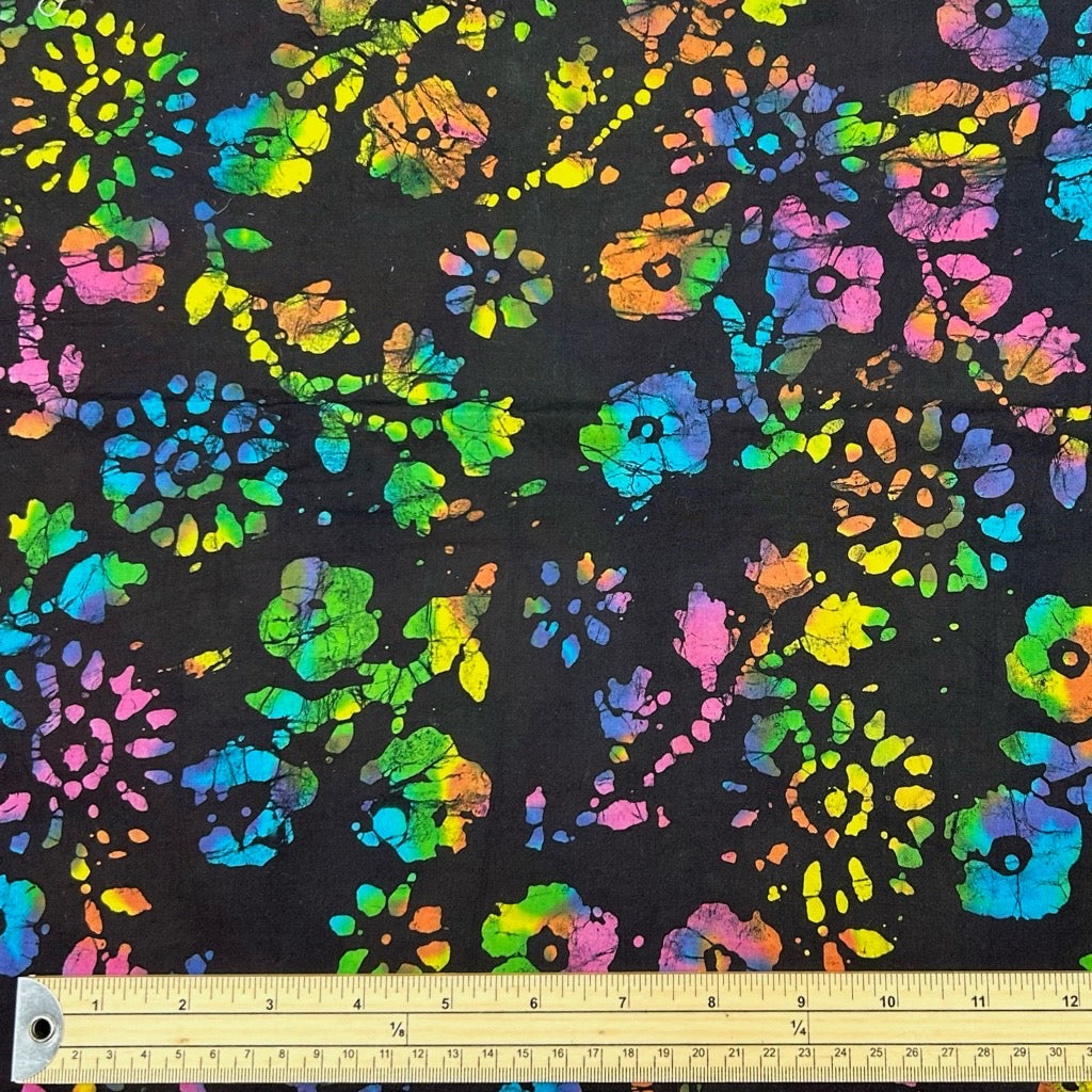 Multicoloured Flowers on Black Cotton Batik Fabric