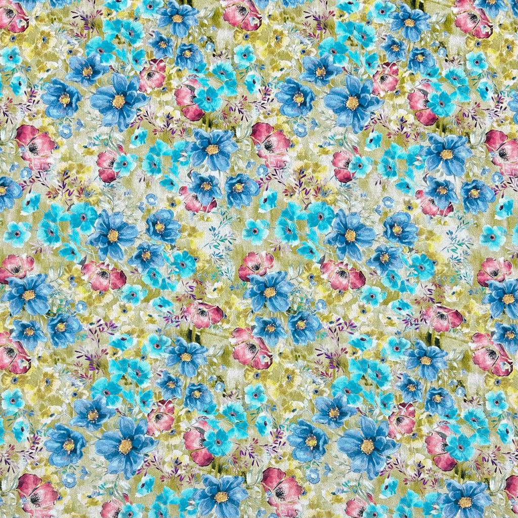 Blue and Pink Garden Viscose Challis Fabric - Pound Fabrics