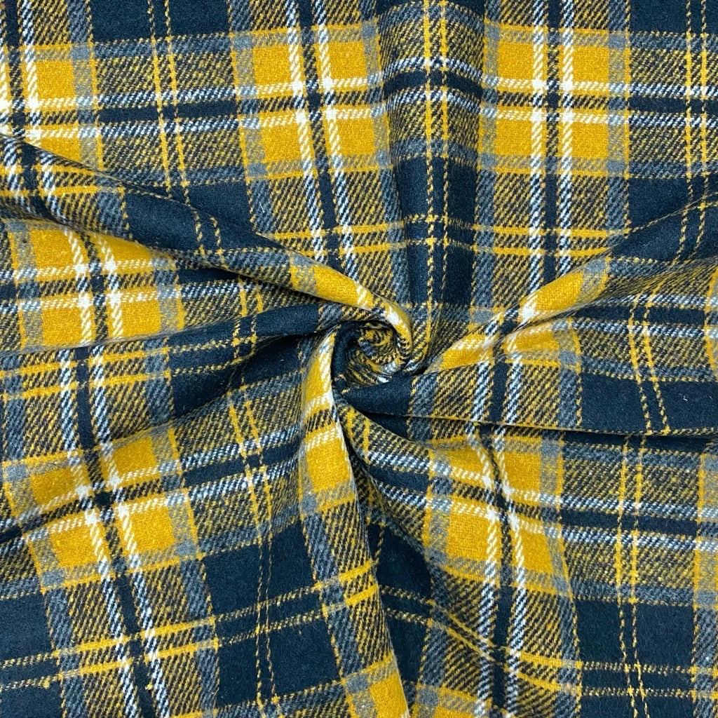 Mustard and Navy Checkered Wool Blend Fabric