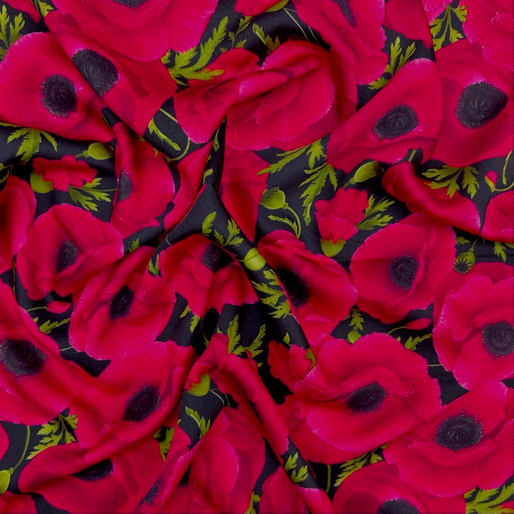 Water Floral on Black Viscose Satin Fabric