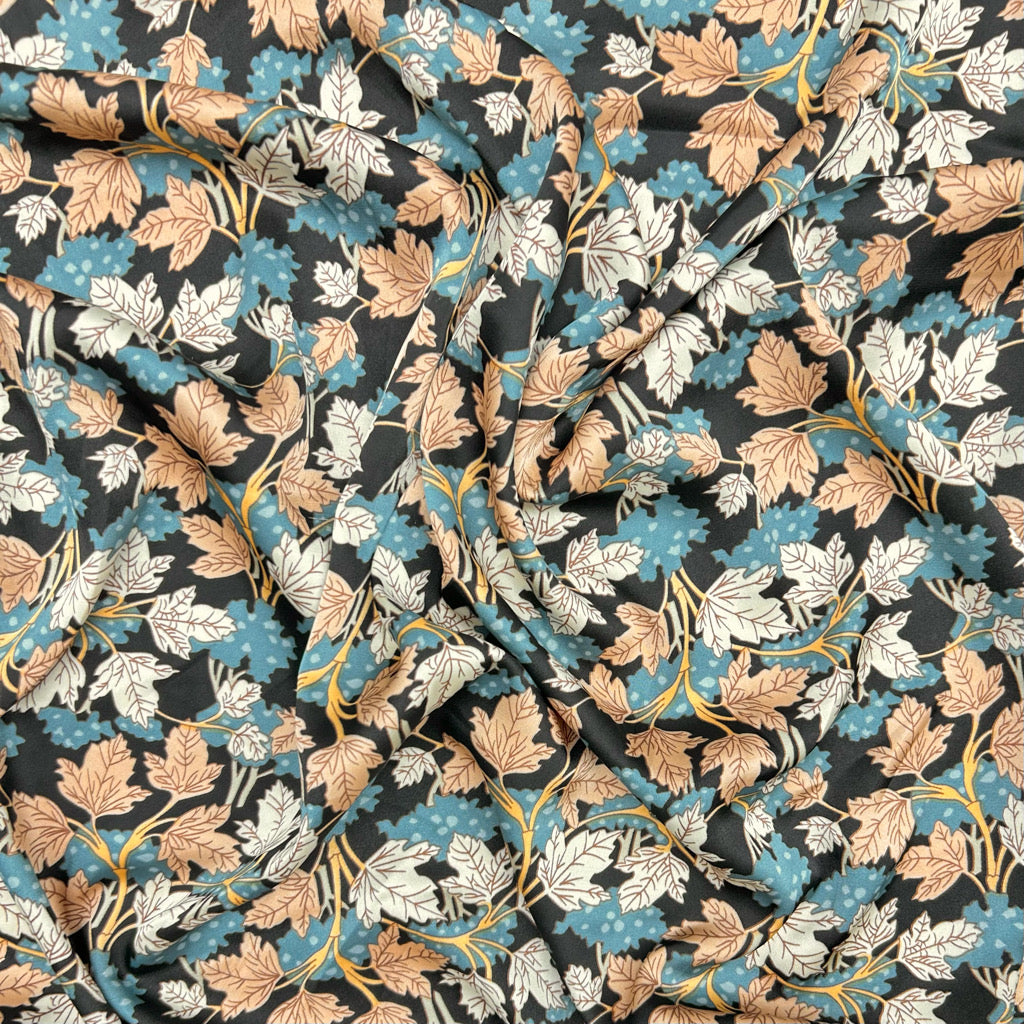 Autumn Leaves on Black Satin Fabric
