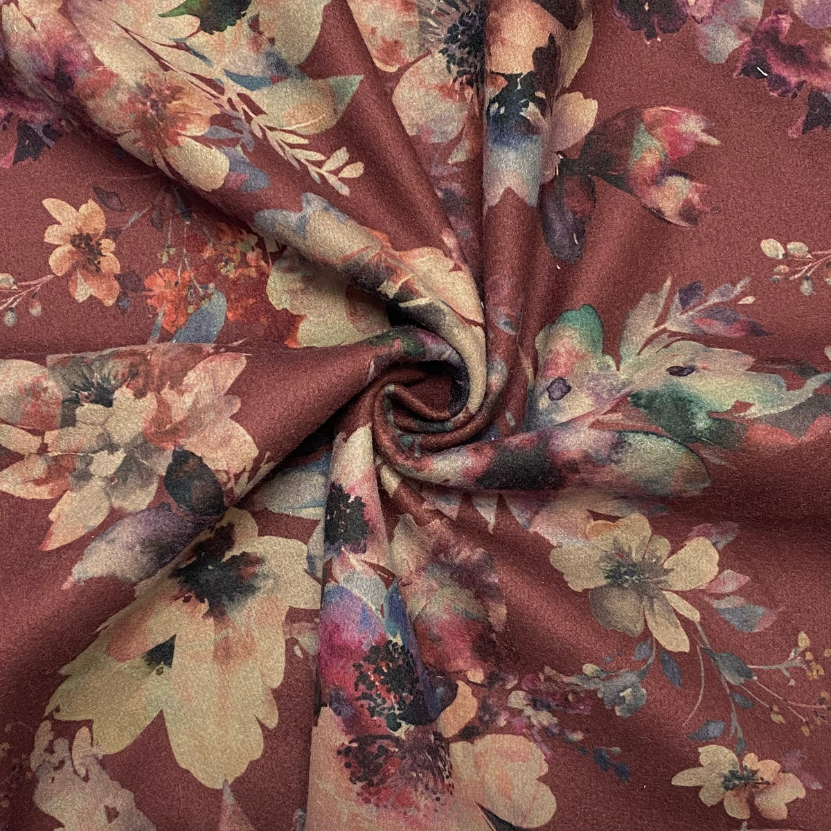 Floral Elegance on Maroon Heavy Knit Fabric