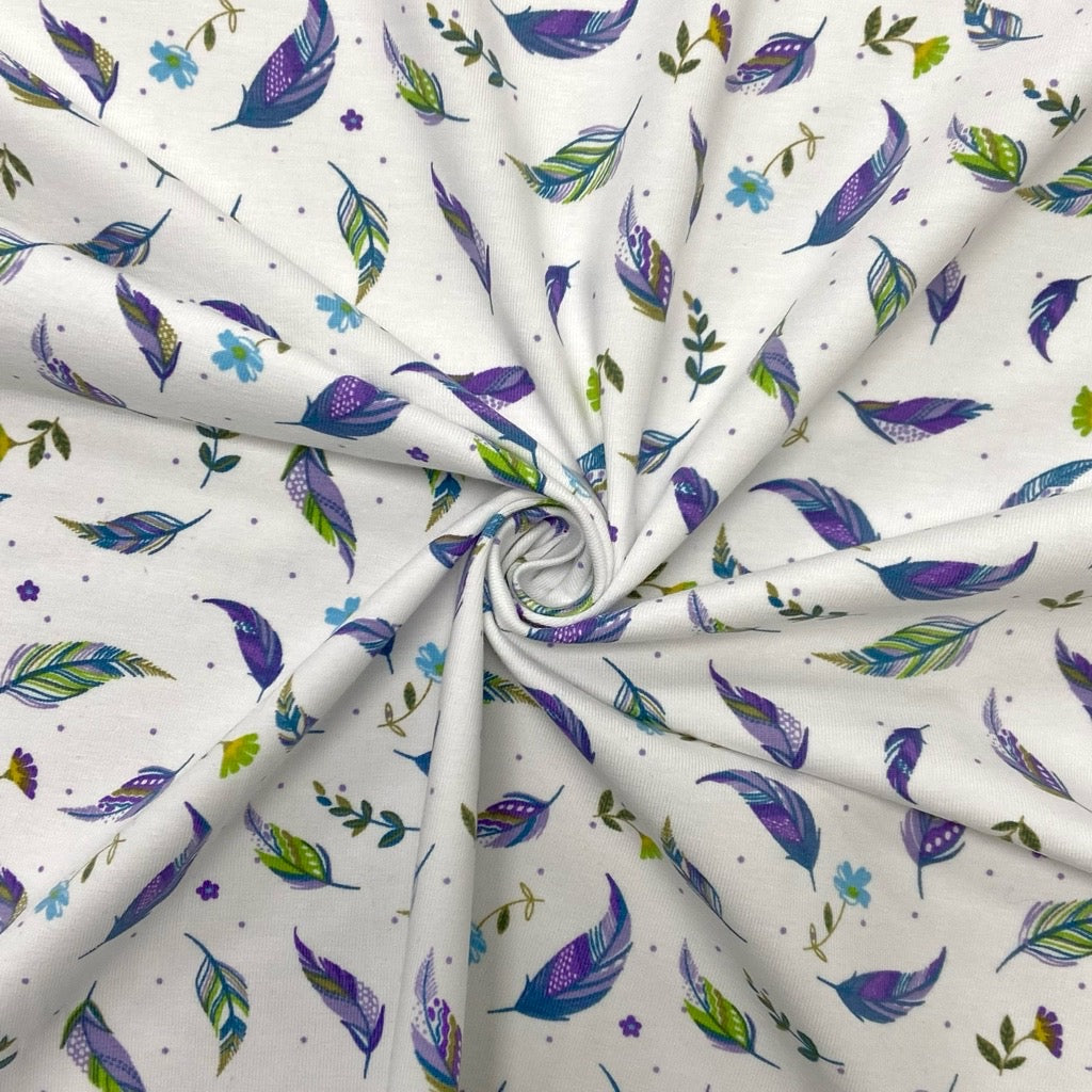 Falling Leaves on White Cotton Jersey Fabric