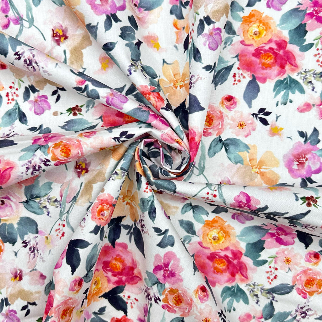 Colour Wash Flowers Rose & Hubble Cotton Poplin Fabric