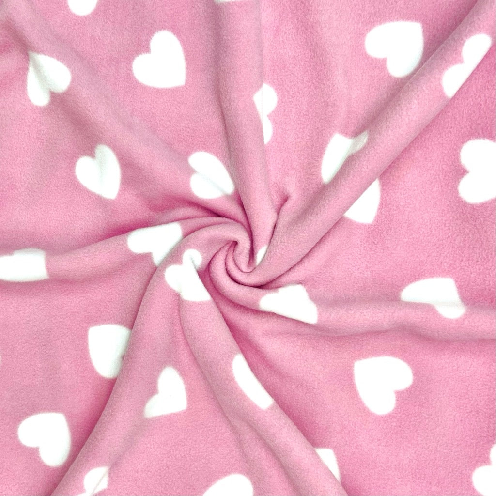 White Hearts on Pink Anti Pill Polar Fleece Fabric