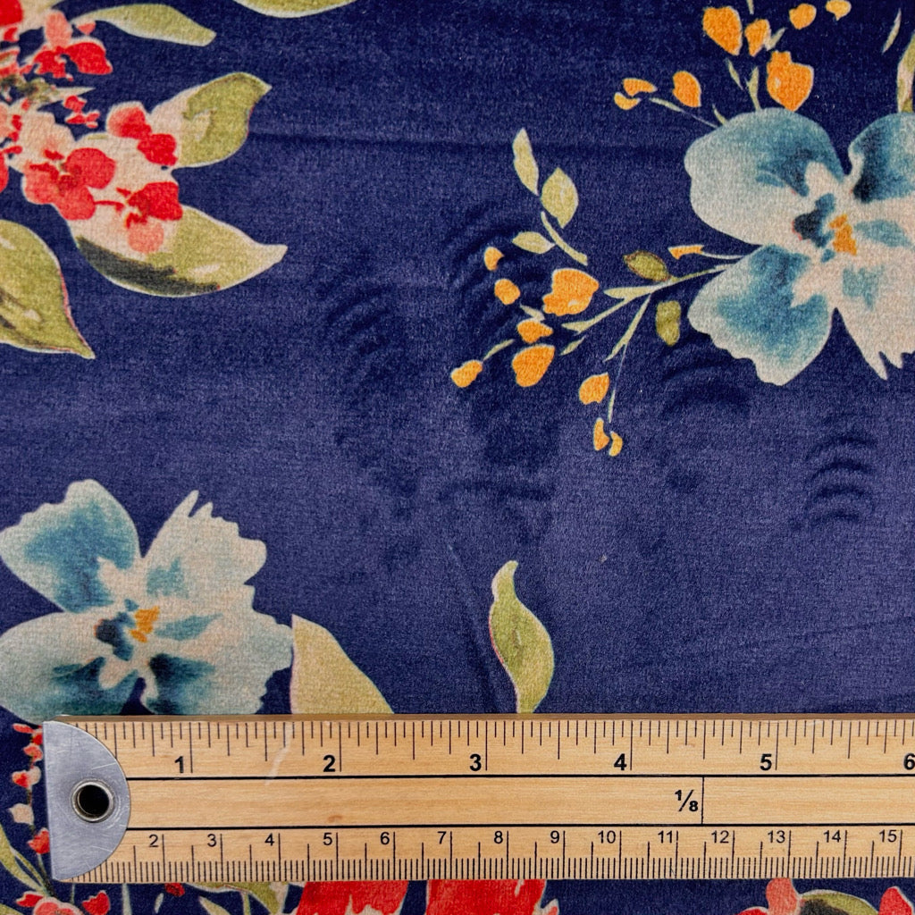Wild Flowers on Navy Stretch Velvet Fabric