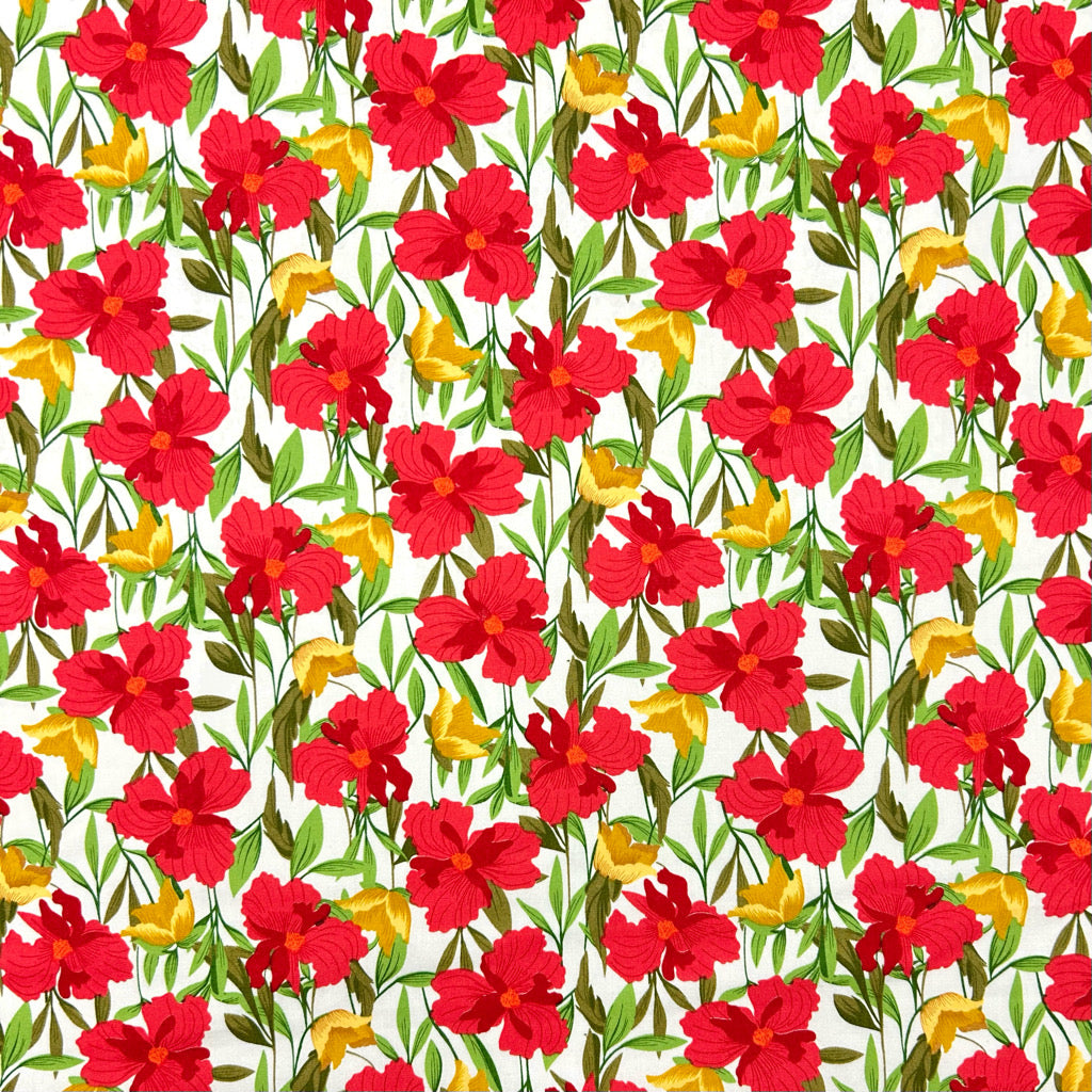 Red and Yellow Floral Rose & Hubble Cotton Poplin Fabric