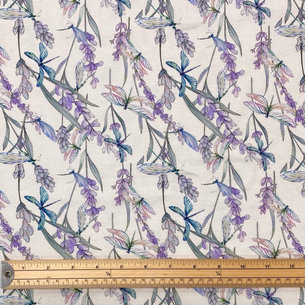Lilac Flowers and Dragonflies Organic Cotton Jersey Fabric