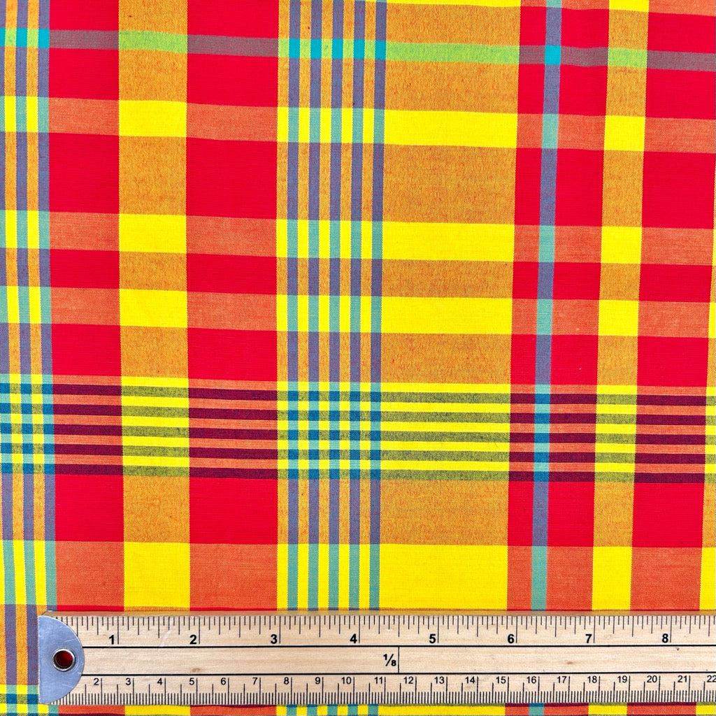 Yellow and Red Madras Check Cotton Fabric