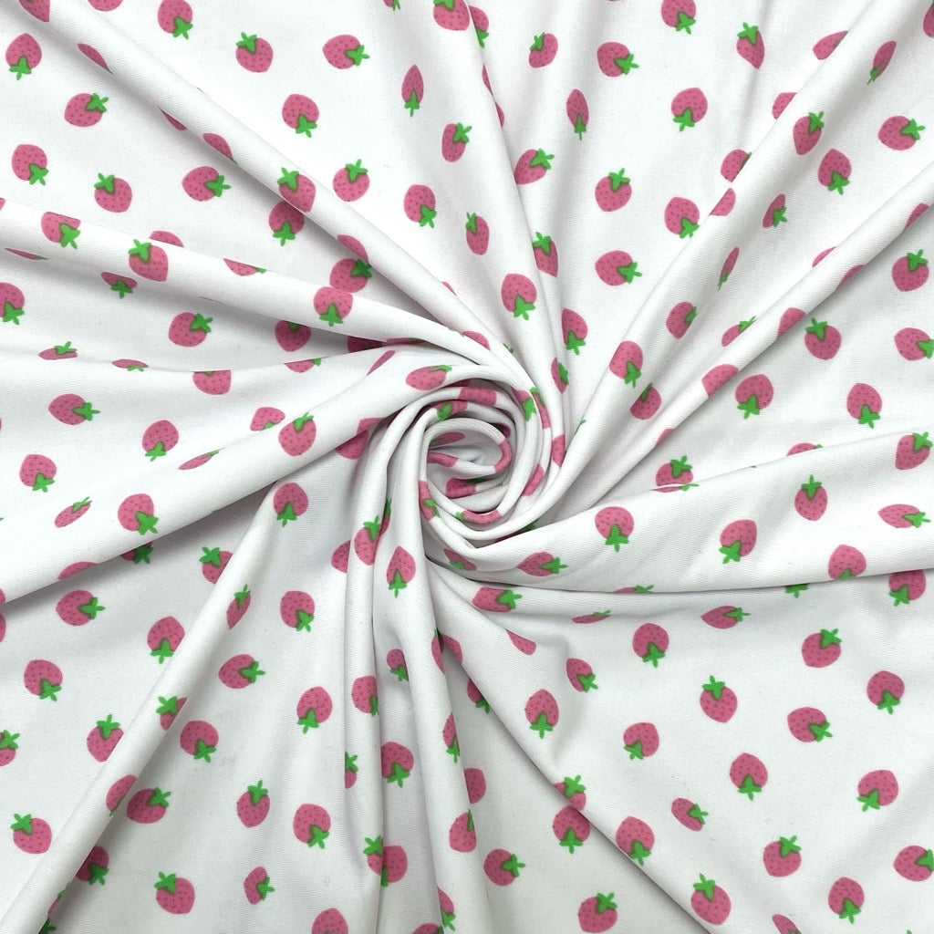 Mini Strawberries on White Lycra Spandex Fabric