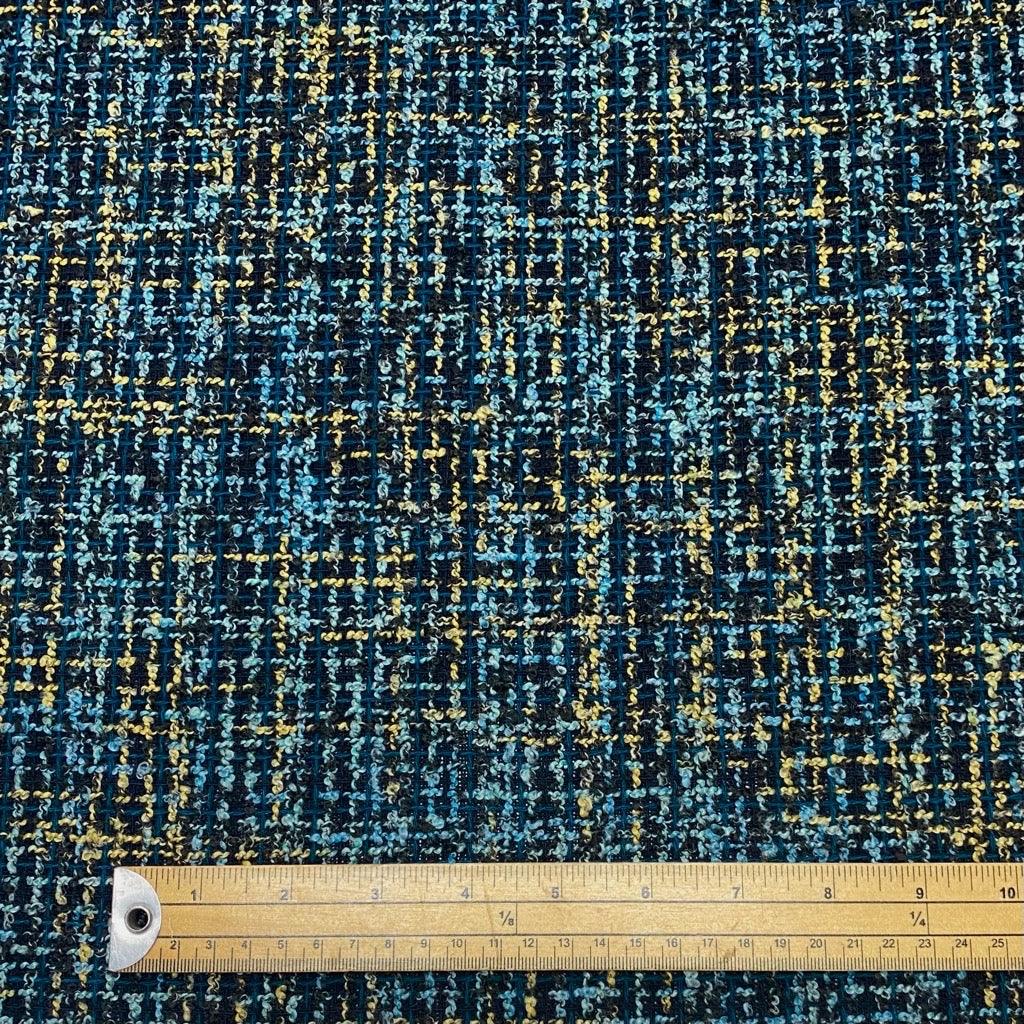 Blue and Yellow Boucle Tartan Wool Mix Fabric - Pound Fabrics