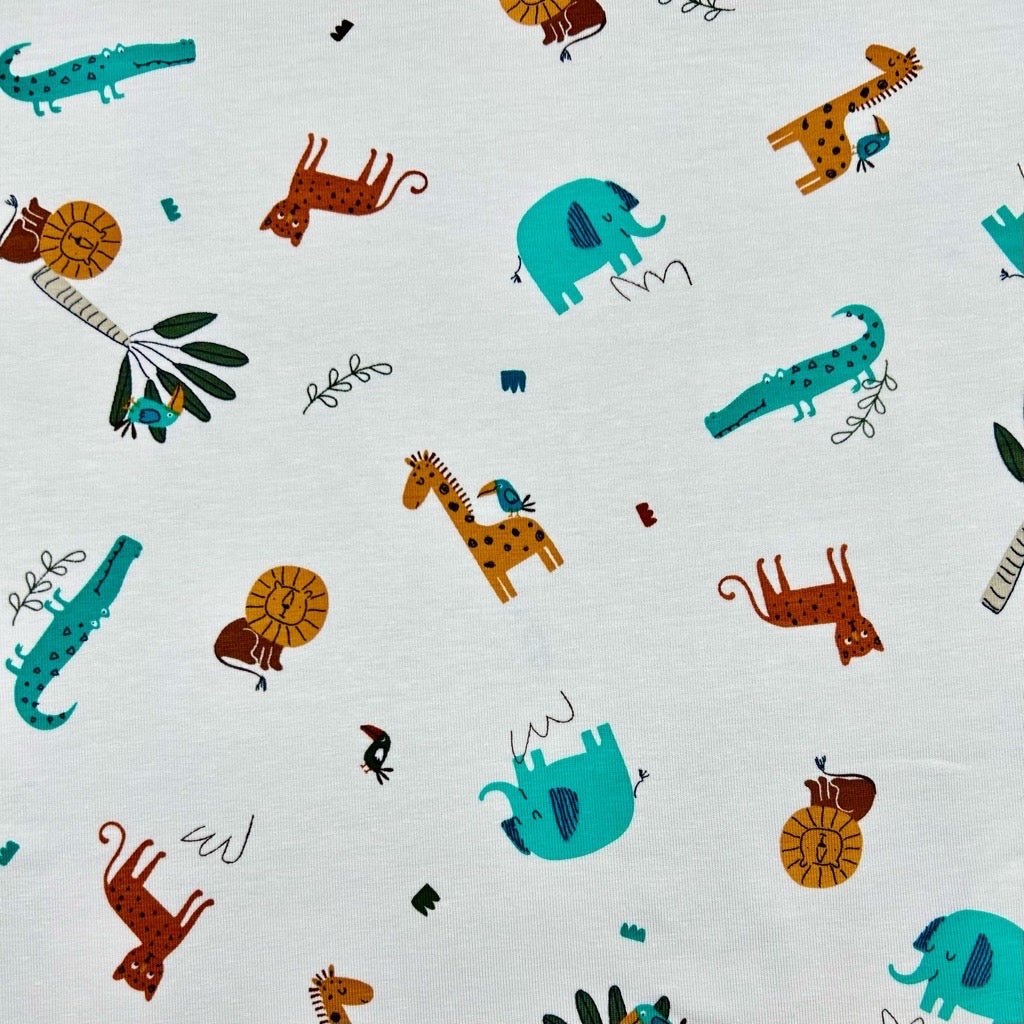 Jungle Animals on Ivory Cotton Jersey Fabric