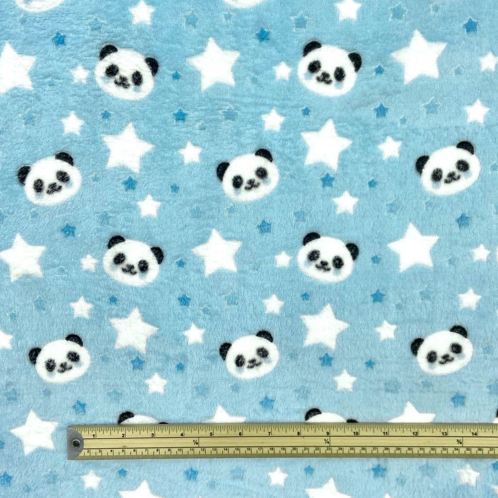 Panda Faces on Blue Soft Fleece Fabric - Pound Fabrics