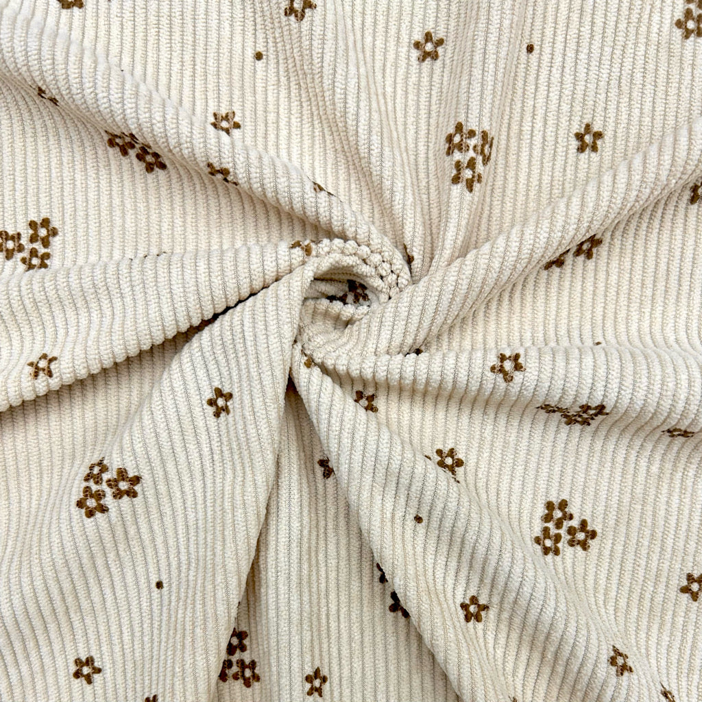 Brown Flowers on Beige Stretch Corduroy Fabric
