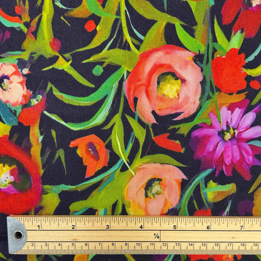 Dark Floral Bouquet Viscose Twill Fabric