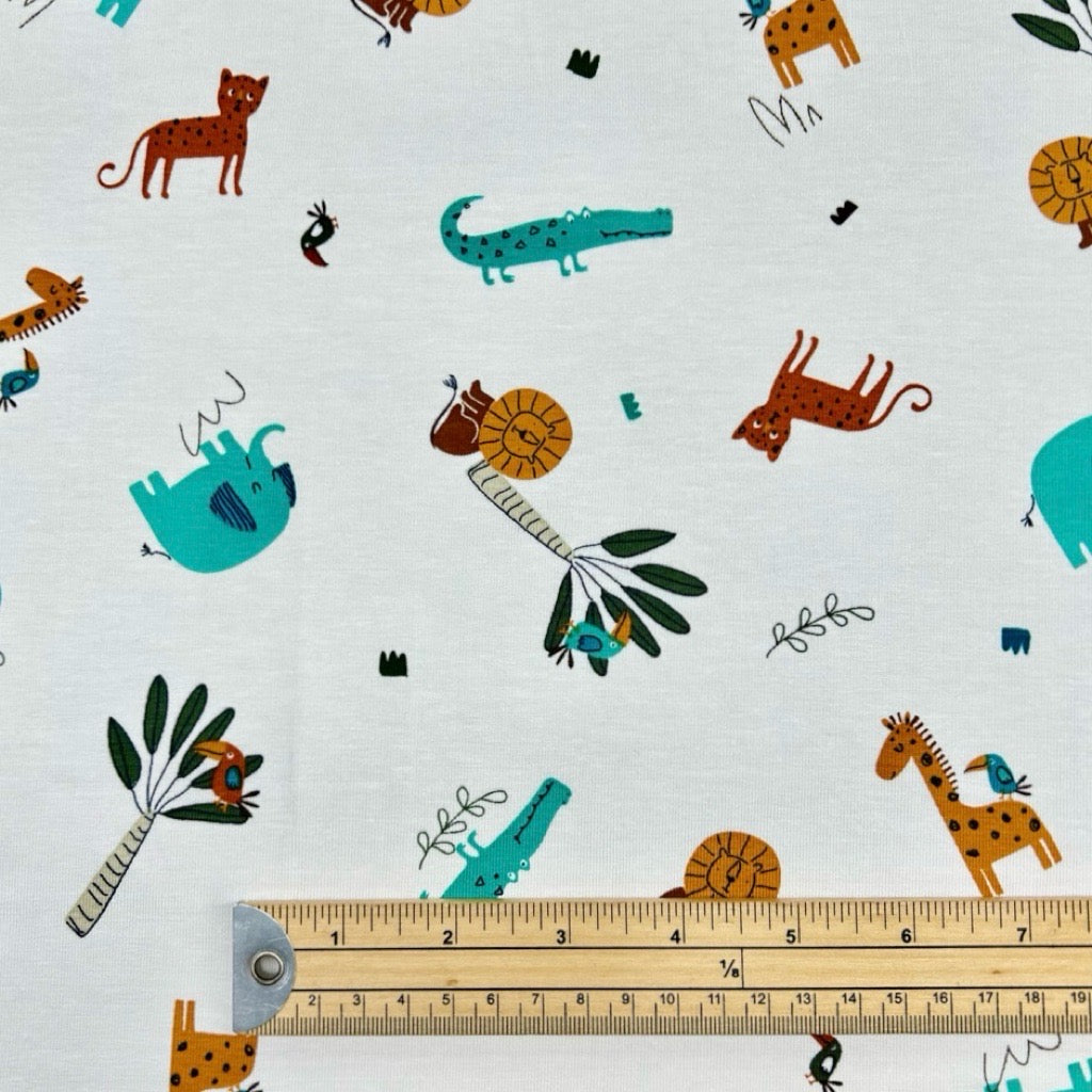 Jungle Animals on Ivory Cotton Jersey Fabric