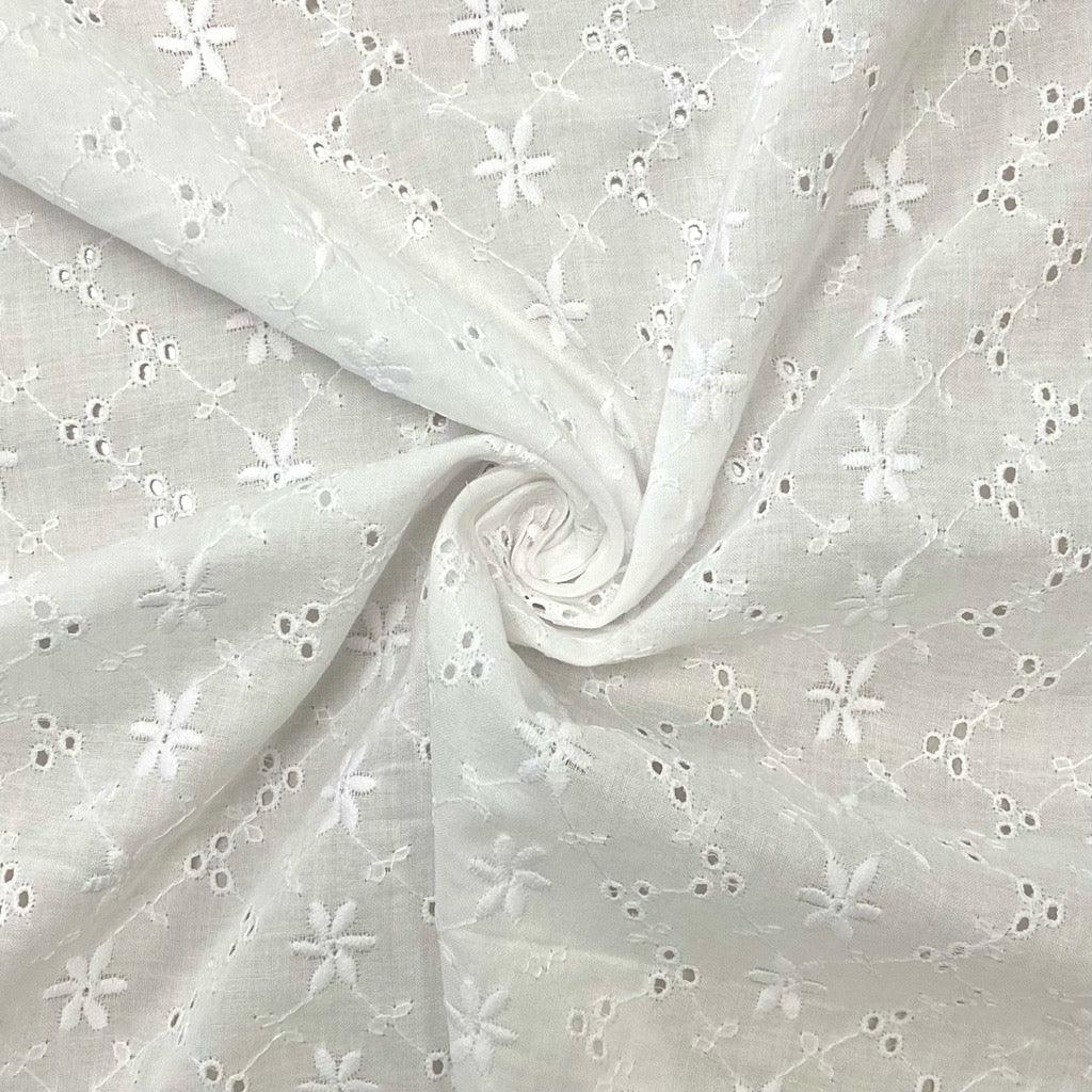 Parallel Flowers White Embroidered Cotton Fabric #2 - Pound Fabrics