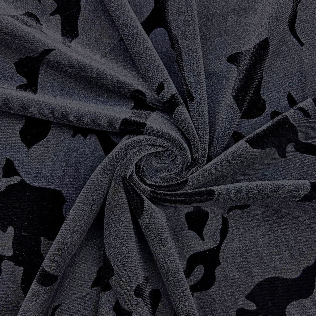Inked Smoke on Grey Velvet Velour Fabric