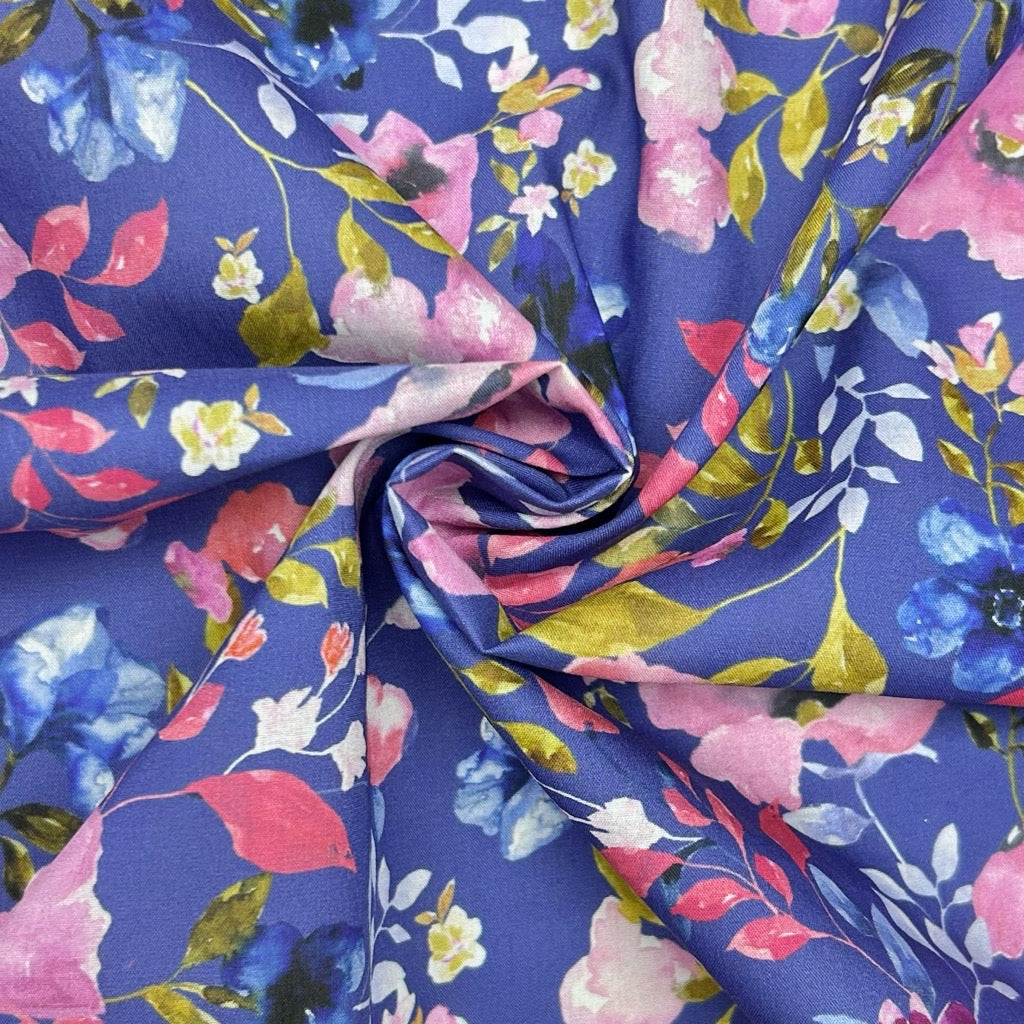 Pink and Blue Blooms Cotton Lawn Fabric