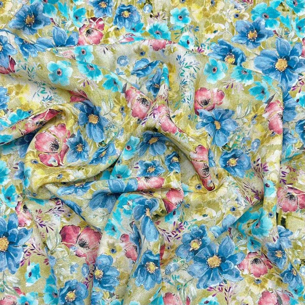 Blue and Pink Garden Viscose Challis Fabric - Pound Fabrics