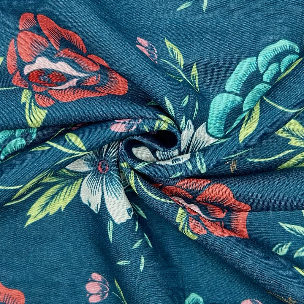 Teal Meadow Bamboo Linen Blend Fabric