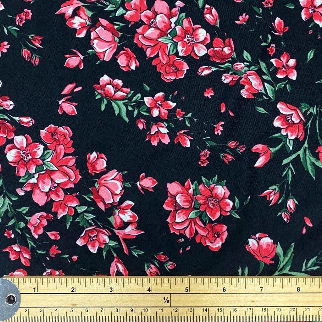 Roses on Black Soft Knit Fabric - 2m Pre-cut - Pound Fabrics