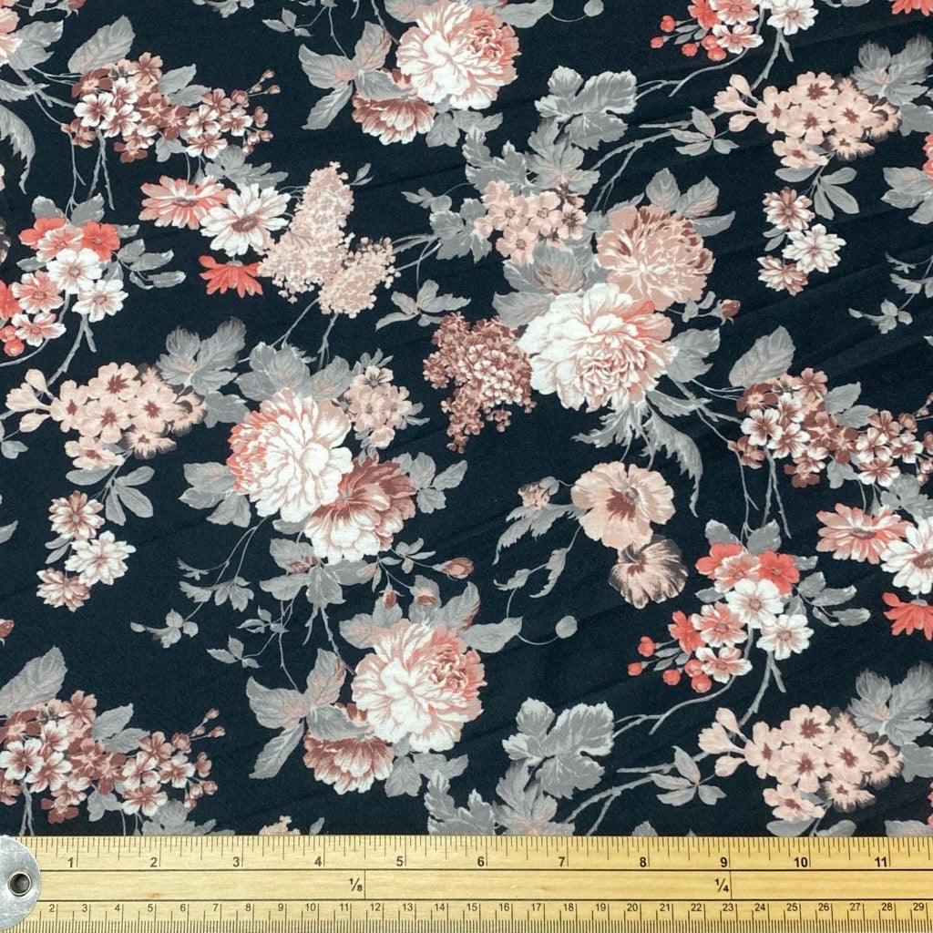 Pink and Grey Floral on Black Knit Fabric - Pound Fabrics