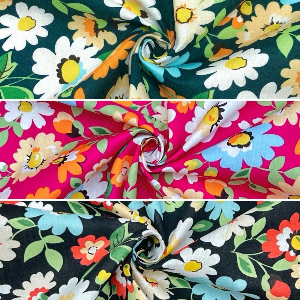 Blue, Orange and White Floral Cotton Poplin Fabric - Pound Fabrics