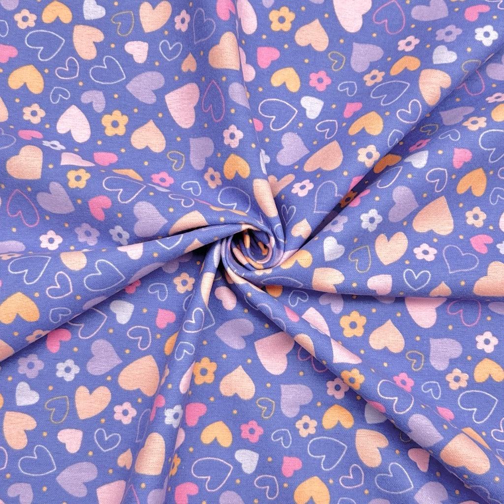 Hearts on Lilac Brushed Cotton Fabric - Pound Fabrics