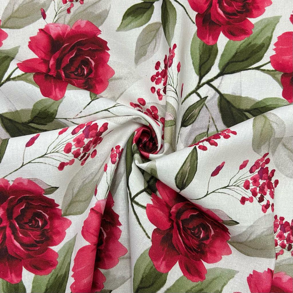 Roses on White Linen Viscose Fabric - Pound Fabrics