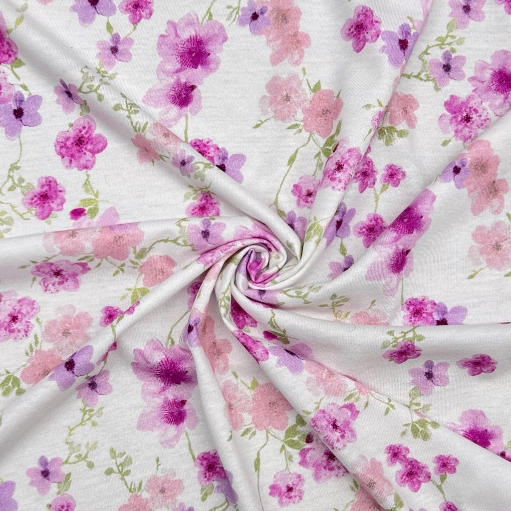 Purple Flowers on Ivory 100% Cotton Jersey Fabric