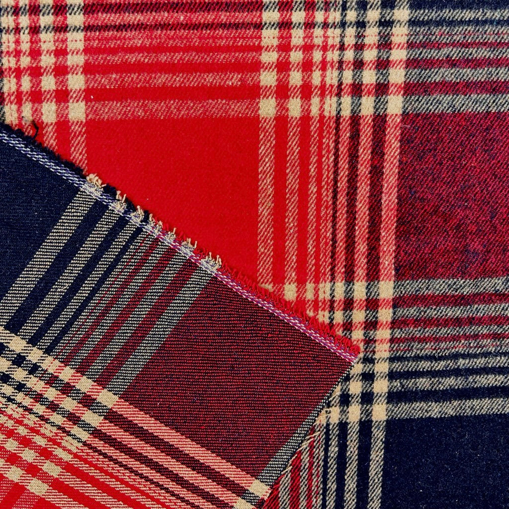 Red and Navy Checkered Brushed Cotton Blend Fabric